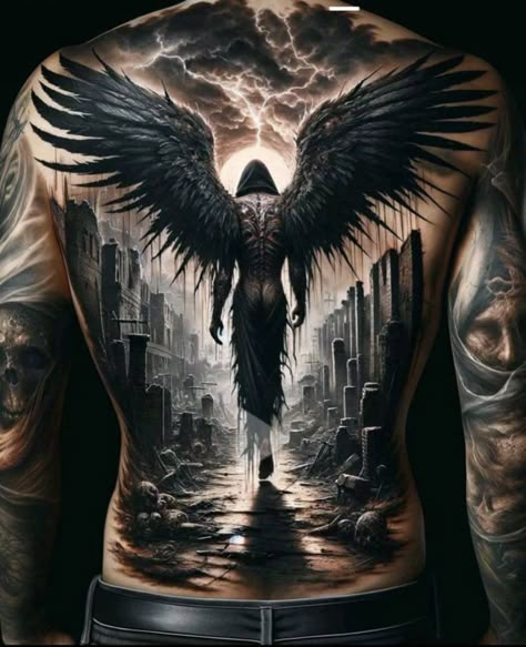 Hades Back Tattoo, Angles Tattoos Men, Chest Background Tattoo Ideas, Back Tattoo Art Men, Guardian Angel Tattoo For Men Back, Wolf Back Tattoos For Guys, Full Back Tattoo Cover Up, Mens Angel Back Tattoo, Angel Back Piece Tattoo