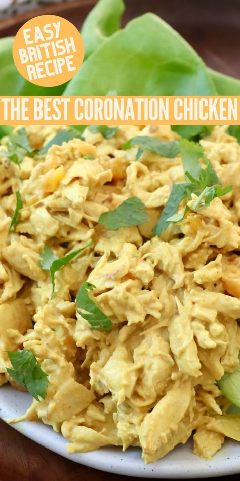 curry chicken salad on plate with leaves of lettuce British Chicken Recipes, Easy British Recipes, Coronation Salad Recipe, Leftover Chicken Recipe, Coronation Sandwich, Curry Chicken Salad Recipe, Curried Chicken Salad, Curry Chicken Salad, Coronation Chicken Jacket Potato