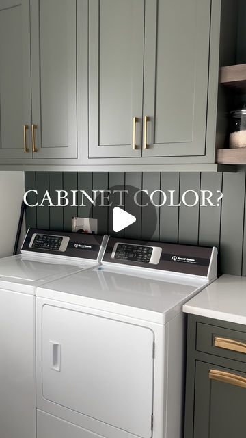 Erica Soutar | Neutral Home Decor on Instagram: "One of my most asked questions is the color of our laundry room. I promise I’m not gate keeping - this was a curated color from the cabinet company (all our cabinets were) it’s a beautiful green with a bit of a grey undertone and it’s stunning with the gold accents. SW Forestwood is the closest match I’ve found!   If you want links to lighting, cabinet pulls, faucet/sink, & washer/dryer just comment SHOP below to receive a DM with the link to shop this post on my LTK ⬇ https://liketk.it/4XPKy #ltkhome #ltkstyletip . . . #laundryroom #laundryroominspo #laundryroomdecor #speedqueen #swforestwood" Sw Forestwood, Farmhouse On A Hill, Best Cabinet Paint, Laundry Room Colors, Farmhouse Floor Plans, Cabinet Paint Colors, Most Asked Questions, Green Cabinets, Diy Kitchen Cabinets