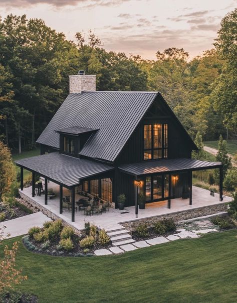 Black Barndominium, Tree House Plans, Wraparound Porch, Barn House Design, Barn Living, Shed Home, Cabin Retreat, Barn Style House Plans, Cabin Cottage