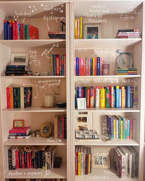 📚 bookshelf organization 📚 How do you organize your bookshelves?! I’ve tried all the methods, color coordinated, rainbow, alphabetical, aesthetic only. I reorganized my shelves today and I found that organizing them loosely by genre, while separating out my favorite books and physical TBR is what works best for me! It’s got the perfect touch of chaos and order to it and is the most functional for my day to day bookish habits. How To Organise Books Bookshelves, Organizing A Bookshelf, Book Shelves Organization Ideas, Organised Bookshelves, How To Display Books Without A Bookshelf, How To Organize Books Without Shelves, How To Organize Your Bookshelf, How To Organize Books, How To Organize Books On A Bookshelf