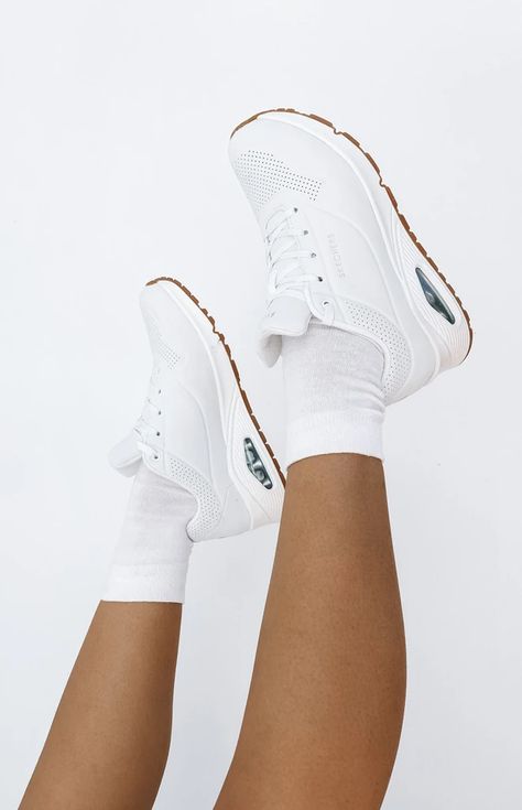 White Sketchers Sneakers, Vans Sneakers (men), Shoes Skechers, Sneaker Trends, Transparent Heels, Skechers Sneakers, Beginning Boutique, Trending Sneakers, Casual Date