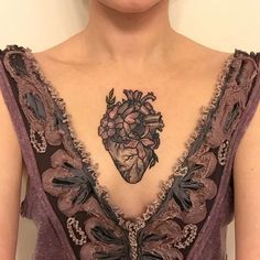 Heart tattoo, stunning! Heart Chest Tattoo, Chest Tattoo Designs Female, Heart Anatomical, Chest Tattoo Female, Small Chest Tattoos, Anatomical Heart Tattoo, Ankle Tattoos For Women, Tattoo Female, Tattoo Heart