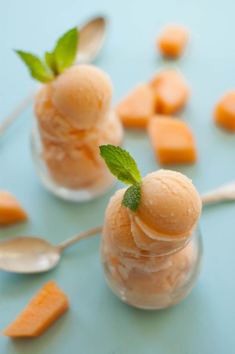 Cantaloupe Sorbet | thekitchenmccabe.com Cantaloupe Sorbet Recipes, Cantaloupe Sorbet, Frozen Things, Granitas, Sorbet Recipe, Sorbet Ice Cream, Corner Kitchen, Dessert Aux Fruits, Sorbet Recipes