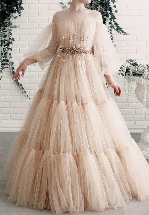 Sheer Tulle Evening Dress With Long Sleeves, Long Sleeve Organza Dress For Banquet, Spring Fitted Long Sleeve Ball Gown, Beige Floor-length Tulle Dresses, Beige Tulle Floor-length Dresses, Spring Tulle Long Sleeve Evening Dress, Spring Long Sleeve Tulle Evening Dress, Beige Tulle Dress For Prom, Long Sleeve Tulle Gown