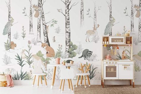 Nursery Murals & Baby Room Wallpaper Murals Home Interior Decor – Page 8 Wallpaper Woodland, Mural Landscape, Landscape Mural, Wallpaper Forest, Vintage Style Wall Decor, Paint Wallpaper, Nursery Mural, Vintage Flowers Wallpaper, Wallpaper Uk