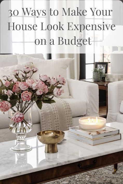 30 ways for how to make your house look expensive and intentional without costing you the high end designer bucks. 📌💲 How To Make Your Living Room Look Expensive, Make Living Room Look Expensive, How To Make Home Look Expensive, Non Aesthetic Home, How To Make Your House Look Expensive, Expensive Looking Decor, Glam Chic Living Room, White And Gold Home Decor, Japanese Zen Interior