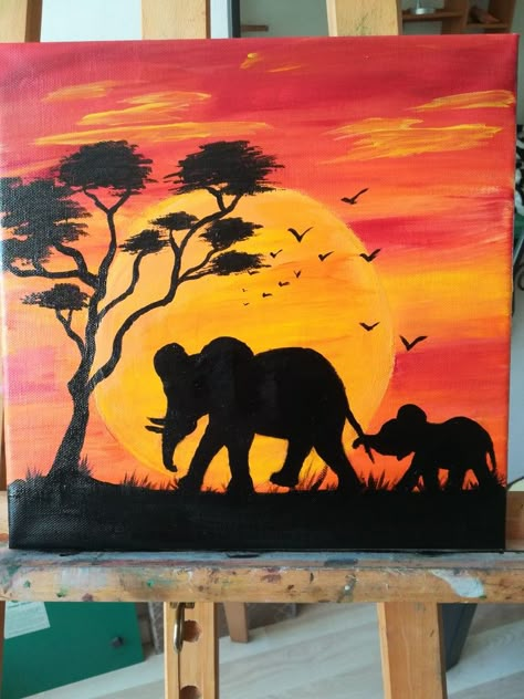 Step By Step Elephant Painting, Elephant Easy Painting, Animal Art Acrylic, Elephant Sunset Painting, Safari Painting Canvases, Elephant Silhouette Painting, Painting Ideas On Canvas Elephant, Elephant Painting Easy, Elephant Painting Simple