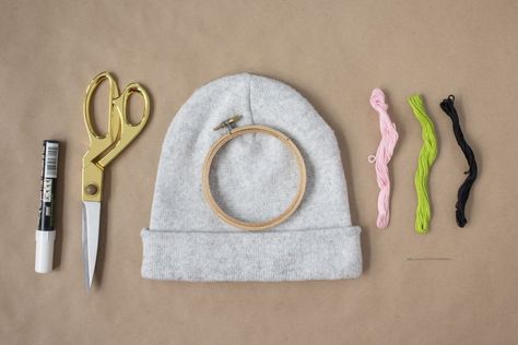 How To Embroider A Beanie By Hand, Hand Embroidered Hat Ideas, Embroidery Hat Designs, Cross Stitch Hat, How To Embroider A Beanie, Carhartt Embroidery Diy, Embroidery On Beanie Diy, How To Embroider Carhartt Beanie, Beanie Embroidery Diy