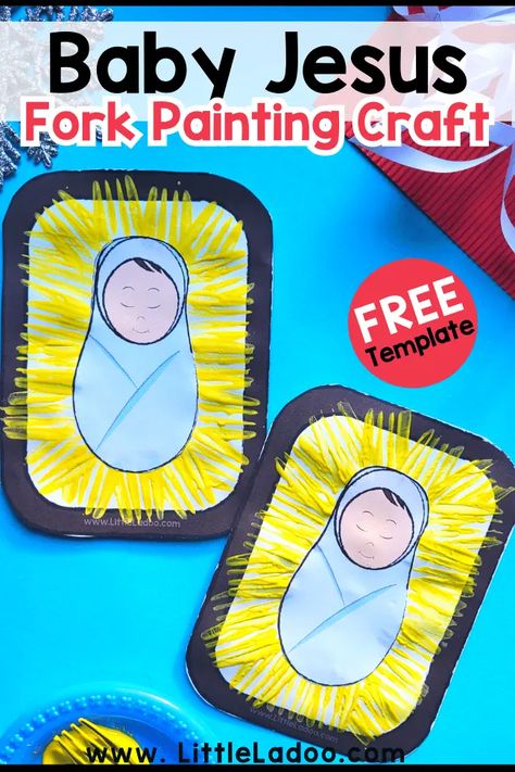 Fork-Painted Baby Jesus Craft {Free Template} Hosanna Preschool Craft, Toddler Christmas Sunday School Craft, Baby Jesus Template Printable, Baby Jesus Snacks For Kids, Jesus Manger Craft, Nativity Toddler Crafts, Easy Baby Jesus Crafts For Kids, Nativity Craft For Preschool, Christmas Nativity Crafts Preschool