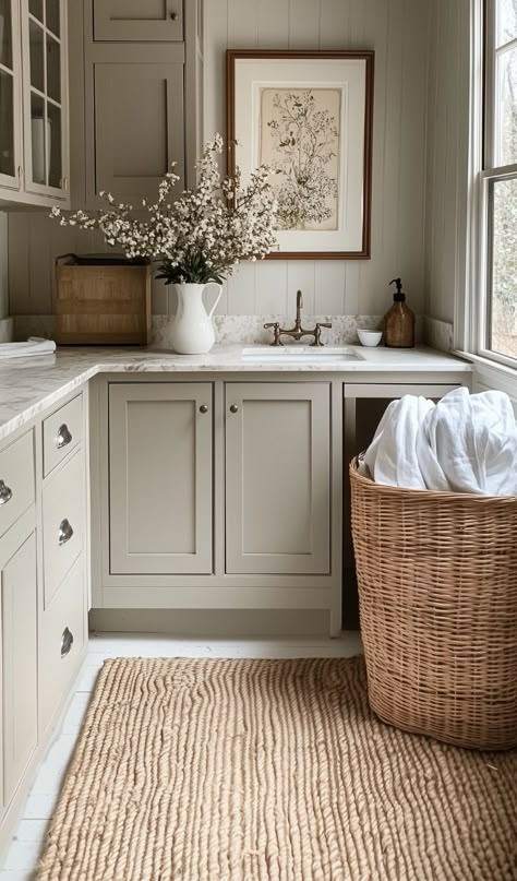 Bay Window Laundry Room, Mixed Metals Laundry Room, Laundry Room Trends 2025, Magnolia Home Laundry Room, Laundry In Powder Room, Popular Laundry Room Cabinet Colors, Cottage Mudroom Laundry Room, Mauve Laundry Room Ideas, Laundry Styling Ideas