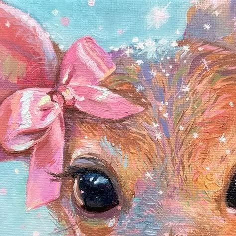 Cute Paintings Of Animals, Coquette Animals Painting, Cute Paintings Animals, Soft Painting Ideas, Christmas Deer Painting, Painting Ideas Coquette, Pink Christmas Painting, Emily Dunlap, Coquette Painting Ideas