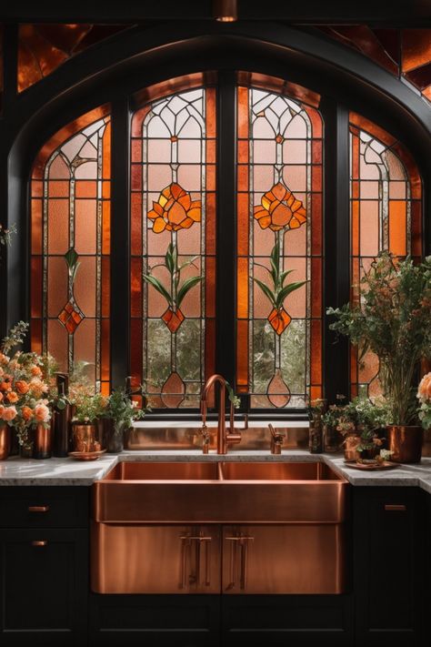 Enter a regal kitchen where copper takes center stage. The resplendent copper sink and fixtures glisten against dark cabinetry, evoking a sense of luxury. Majestic stained glass windows framed in copper arches, adorned with floral patterns, cast a dappled glow across the space. Lush flowers in copper pots bring a touch of nature's splendor. This kitchen is a harmonious blend of opulence, elegance, and craftsmanship, celebrating the exquisite beauty of copper in interior design. Copper Wall, Dream House Interior, Stained Glass Window, House Goals, Pretty House, Dream Rooms, Wall Decorations, Dream House Decor, Dream Home Design