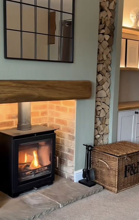 Log Burner In Kitchen Diner, Wood Burner Surround, Log Burner Living Room Wood Storage, Open Plan Cottage Kitchen Living Room, Open Plan Kitchen Lounge Ideas, Wood Burner Media Wall, Log Burner Wood Storage, Log Burner Hearth, Cassette Fireplace Ideas