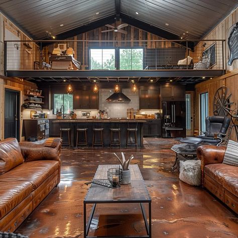 Love them both #barndominiumplans #barndoenvy #barndominiumenvy #barndominiumexperts #barndominiumfloorplans #canada #barndominium #barndoenvy #bandoandco Dream Barndominium Ideas, Barndominium Ideas Cottage, Rustic Shop House Interiors, Barndo House Interior, Barndominium With Two Living Spaces, Barndominium Kitchen And Living Room, Shopdominium Interior, Barndominium Stained Concrete, Barndominium With Arena