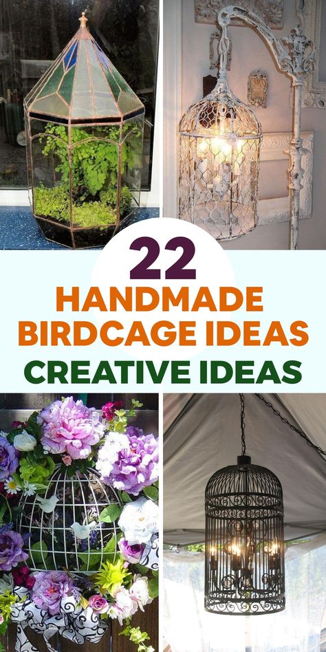 Upgrade your garden decor with charming handmade birdcage ideas. Transform an old wire basket into a rustic birdcage, complete with a wooden perch and small door for your feathered friends. Construct a natural cage using sturdy branches intertwined together for an eco-friendly touch. For a pop of color, paint a wooden birdhouse and attach wire mesh to craft a unique enclosure. These DIY birdcages will attract birds while adding elegance and creativity to your garden space. Birdcage Upcycle, Birdcage Decor Ideas, Shabby Chic Floor Lamp, Vintage Bird Cage Decor, Birdcage Ideas, Birdcage Light, Birdcage Planter, Bird Cage Candle, Bird Cage Candle Holder