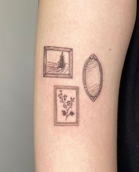 Fine Line Inspired Tattoo, From Up On Poppy Hill Tattoo, Earthy Fine Line Tattoo, Object Tattoo Ideas, Illustrative Patchwork Tattoo, Rectangle Frame Tattoo, Film Photography Tattoo, Small Picture Tattoos, Heart Stamp Tattoo