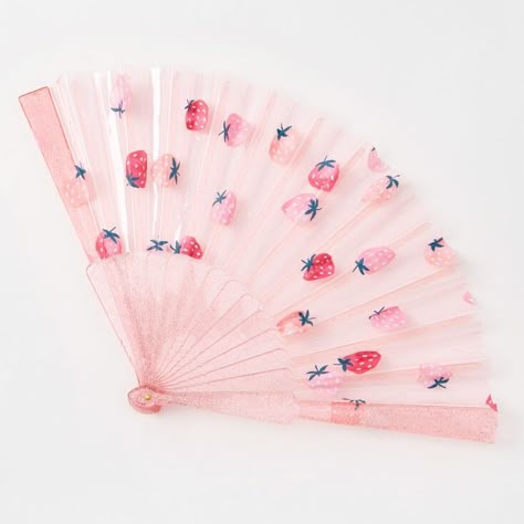 Girly Vacation, Pink Strawberry, Folding Fan, Cute Bedroom Decor, Cute Strawberry, Kawaii Accessories, Strawberry Print, Fashionable Jewelry, Kawaii Aesthetic