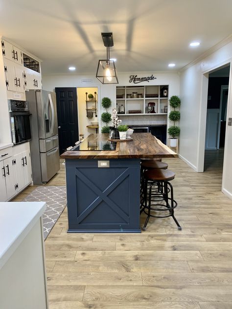 Farmhouse Kitchen With Different Color Island, Butcher Kitchen Island, Kitchen Remodel Butcher Block Island, Kitchen Ideas With Butcher Block Island, Modern Farmhouse Butcher Block Island, Butcher Island Kitchen, Kitchen Ideas Industrial Farmhouse, Butcher Block Island With Stove, Butcher Block Island With Cooktop