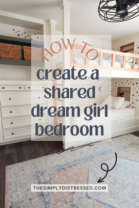 Three years in the making and I finally finished creating our dream girl bedroom. Here is everything I did to create a fun, whimsical and organized space for girls.  Girl bedroom aesthetic, Girl bedroom ideas for kids, Bunkbeds, Bedroom for kids, Bedroom for two sisters, Bedroom for girls modern, Girl room ideas, Girl room decor, Girl room makeover, Bedrooms for girls Bedroom For Girls Modern, 3 Girls Bedroom Ideas, Girls Sharing Bedroom Ideas, Two Girls Bedroom Ideas, Small Bedroom For 2 Sisters, 2 Girls Bedroom Ideas, Bunkbed Bedroom Ideas, Girls Bunkbed Bedroom Ideas, Girl Bunk Bed Rooms