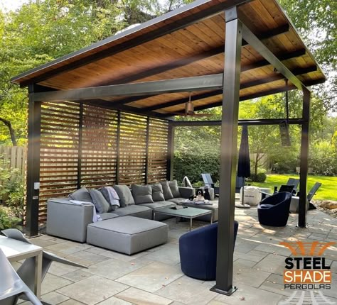 CUSTOM 14'X15'X4 POST, STRAIGHT JOIST, PITCHED ROOF, CURTAIN ROD, FAN MOUNT, CEDAR SHADE BAR BACK SCREENING, 2'X6" TOUNGE AND GROOVE ROOF DECKING Sun Shade Pergola, Cantaleavered Pergola, Modern Outdoor Pergola, Free Standing Pergola Over Patio, Covered Patio Privacy Ideas, Gazebo With Pergola Attached, Patio With Roof Ideas, Covered Pergola Ideas Backyard, Pergola With Wall