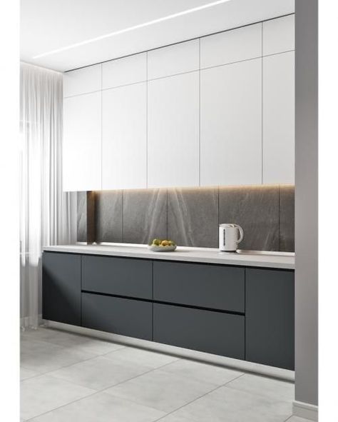 Minimalist Kitchen Design Tip Kitchen Design 2020, Modern White Kitchen Design, Grey Kitchen Designs, Minimalist Kitchen Design, Modern Kitchen Interiors, White Kitchen Design, White Modern Kitchen, Kitchen Room Design, Interior Modern