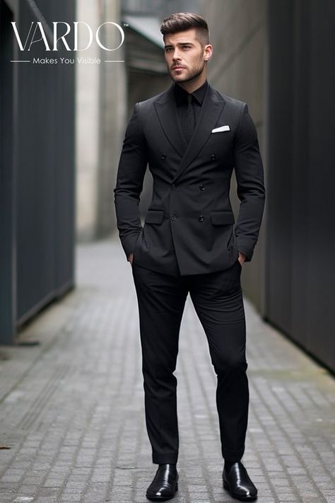 Black And Black Suit Men, Best Black Suits For Men, All Black Suits Men, Men Black Suit Wedding, Mens Black Double Breasted Suit, Mens Modern Suits, Black And Black Suit, Full Black 3 Piece Suit Men, Business Consultant Outfits