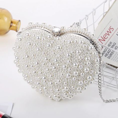 Women's Bags Polyester Evening Bag Pearls Chain Solid Color Party Wedding Evening Bag Chain Bag Bridal Purse White 2022 - US $49.99 Wedding Clutch Bag, Bridal Clutch Purse, Edge Products, Heart Clutch, Heart Shaped Bag, Pearl Clutch, Bridal Handbags, Bridal Purse, Velvet Purse