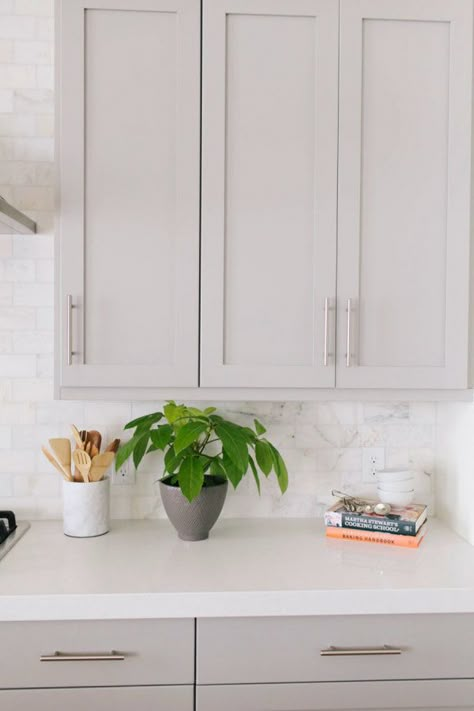 Because I truly believe barn doors and gray kitchens and patterned tile are things of beauty; especially when they're all sitting pretty in the same home and because I already have a dozen or so pins stockpiled from this tour; I Caesarstone Organic White, Light Grey Kitchens, Light Gray Cabinets, Серая Кухня, Mindful Gray, White Counters, All White Kitchen, Kitchen Cabinets Makeover, Grey Kitchen Cabinets