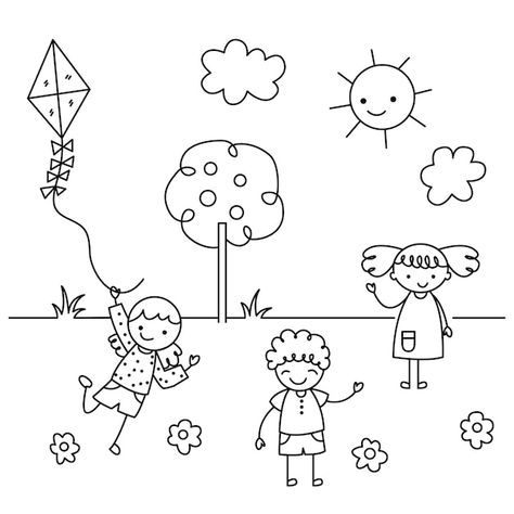 Children in the park playing sketch hand... | Premium Vector #Freepik #vector #kids-drawing #kids-color #kids-draw #kids-sketch Playground Drawing Easy, Drawing For Kindergarten Kids, Child Painting Ideas For Kids, Park Drawing For Kids, Children Playing Drawing, Park Drawing Easy, Kids Playing Drawing, Playground Drawing, Sketch For Kids