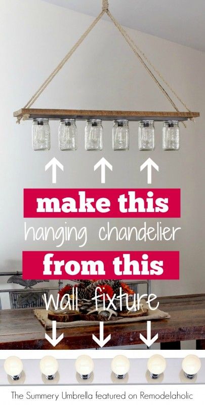 That yucky old vanity light never looked so good! Turn it into a rustic hanging chandelier. Diy Luminaire, Diy Lampe, Diy Chandelier, Hanging Chandelier, Deco Luminaire, Rustic Lighting, Diy Desk, Hanging Pendant Lights, Hanging Pendants