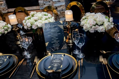 Navy Blue And Black Table Setting, Black Gold Silver Table Decor, Black Tablescape Dinner Parties, Gala Dinner Decoration, Dark Navy Blue Wedding, 50th Birthday Themes, Wedding Theme Color Schemes, Black And White Party, Chelsea Wedding