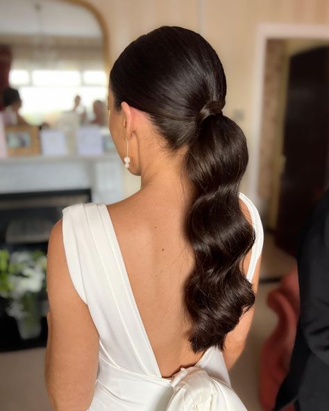 Rosey Breen | One of my favourite bridal looks from last year 🤍 #hair #hairstyle #hairstyles #hairup #pony #ponytail #ponytails #ponytailstyle #bride… | Instagram Slicked Pony Wedding Hair, Bridesmaid Hair Sleek Ponytail, Wedding Bridal Ponytail, Bridal High Ponytail Brunette, Pony Tail Up Do Bridal, Slick Back Pony Wedding, Old Hollywood Ponytail, Low Pony Bridal Hairstyles, Opened Hairstyles