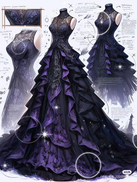 Black And Purple Dress Formal, Purple And Black Ball Gown, Purple Queen Dress, Purple Fantasy Dress, Purple Gothic Dress, Demon Dress, Black Purple Dress, Black And Purple Dress, Villain Dresses