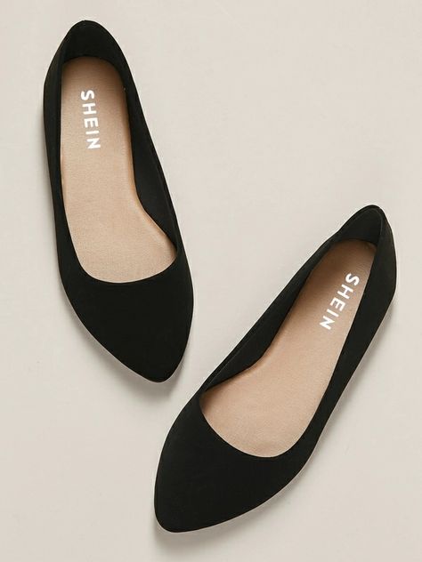 Wide Fit Pointed Toe Ballet Flats | SHEIN USA Wedges Heels, Fashion Shoes Sandals, Fashion Shoes Flats, Classy Shoes, Black Plain, Stunning Shoes, Women Flats, Casual Flat Shoes, Girly Shoes