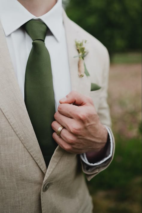 Tan Suit Wedding With Green, Olive Green And Tan Groomsmen, Khaki Suit Green Tie, Tan Tux Green Tie, Olive Green Ties Groomsmen, Army Green Suit Men Wedding, Olive And Tan Wedding Party, Groom Suit With Green Tie, Sage Green Wedding Men