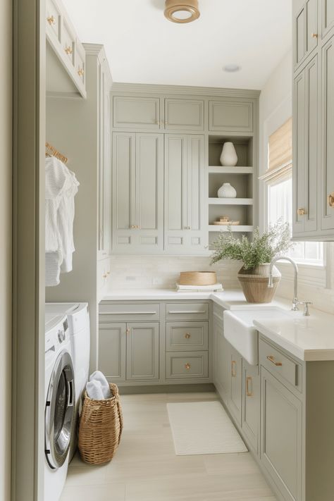 How To Decorate A Laundry Room - Shelley Bates Home Laundry Room Cabinet Colors Farmhouse, Laundry With Sink Ideas, Laundry Room Lamp, Shea Mcgee Laundry Room, Brown Laundry Room Ideas, Vinyl Laundry Room Floor, Laundry Room For Top Loaders, Coastal Modern Laundry Room, English Cottage Style Laundry Room