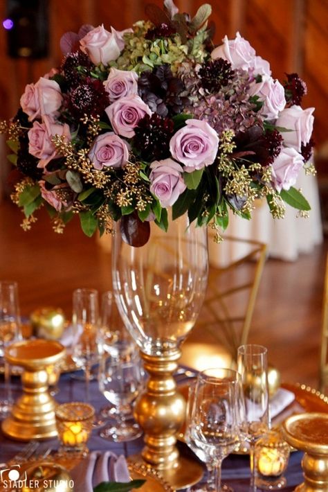 Corporate Events and Business Affairs in Northern Colorado: My Big Day Events, Event Planners & More! - My Big Day Purple And Pink Flower Arrangements, Lilac And Rose Gold, Wedding Utensils, Antique Hydrangea, Wedding Centerpieces Elegant, Gold Black Wedding, Purple Wedding Tables, Eggplant Wedding, Gold Centerpiece