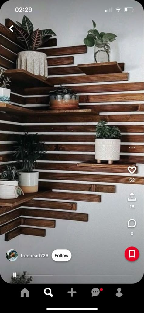 Modern Wall Shelf For Plants, Plant Wall Corner, Accent Wall Ideas With Shelves, Wall Slats With Shelves, Wall Art With Shelves, Wooden Slat Wall With Shelves, Industrial Tv Wall Ideas, Shiplap Plant Wall, Wooden Plant Wall