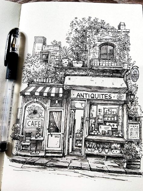 Shop Architecture, Pen Art Work, Pen Art Drawings, Seni Dan Kraf, Architecture Drawing Art, Hur Man Målar, Arte Sketchbook, Art Drawings Sketches Creative, Urban Sketching