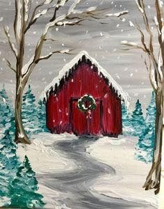 Winter Themed Paintings On Canvas, Rustic Christmas Painting, Posca Christmas Art, Easy Holiday Painting, Winter Scene Paintings Easy, Winter Acrylic Painting Ideas, Christmas Barn Painting, Christmas Painting Ideas On Canvas Easy, Christmas Scenery Paintings