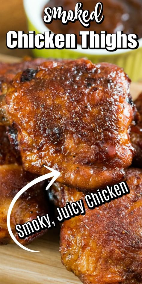 Smoked Chicken Thighs Smoker Recipes Chicken, Smoked Chicken Thighs, Smoker Grill Recipes, Smoked Chicken Recipes, Pellet Smoker Recipes, Traeger Grill Recipes, Smoker Ideas, Smoked Recipes, Smoker Cooking