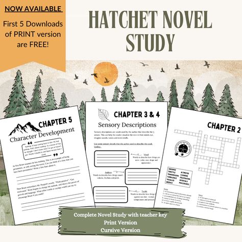 It's finally here! Don't miss the FREE download. First 5 downloads of print verion, completely FREE! HURRY!  Embark on an unforgettable literary journey with our comprehensive "Hatchet" novel study – the ultimate companion for readers of all ages! Hatchet Book Activities, Hatchet Book Project, Hatchet Novel Study, Hatchet Book, Lesson Notes, Story Sequencing, Work Journal, Novel Study, Childhood Development