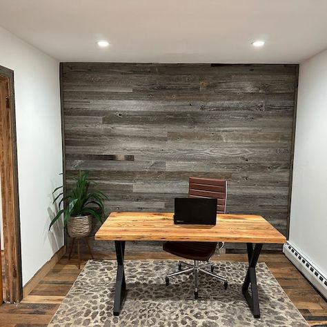 Gray Wood Wall Paneling, Gray Wood Paneling Wall, Shiplack Walls, Barnwood Paneling, Modern Rustic Office, Tin Wainscoting, Laminate Flooring On Walls, Texture Walls, Brown Accent Wall