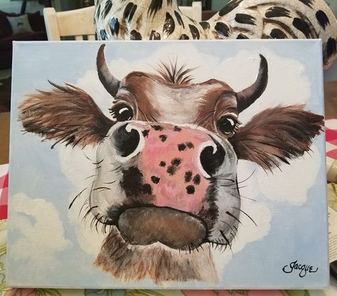 Fun Cow Paintings, Cute Cow Watercolor, Cute Cow Canvas Painting, Whimsical Cow Painting, Cow Painting Ideas On Canvas, Cow Paintings On Canvas Acrylics, Diy Cow Painting, Easy Cow Painting Simple, Painting Ideas On Canvas Cow