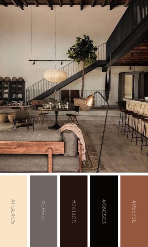 Modern Industrial Interior Color Palette, Modern House Interior Color Schemes, Industrial Decor Color Palette, Dark Neutral Color Palette Living Room, Contemporary Interior Color Palette, Industrial Home Color Palette, Masculine Colors Palette, Color Pallet Living Room, Industrial Modern Office Decor