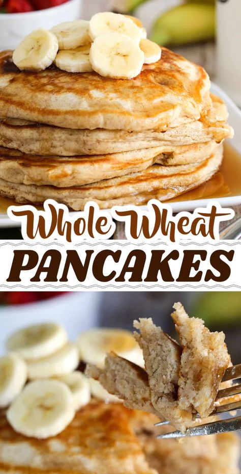 This is the best Whole Wheat Pancakes recipe - delicious and fluffy with irresistible vanilla and cinnamon. Also, it's a healthy option thanks to whole wheat flour. Trust me, you'll never make regular pancakes again Meteranian Diet, Whole Wheat Flour Pancakes, Pancake Recipe Healthy, Pancake Recipe Healthy Oatmeal, Wheat Flour Pancakes, Dorm Recipes, Wheat Pancake Recipe, Wheat Flour Recipes, Whole Wheat Pancakes