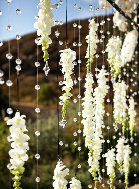 Portfolio Ceremony Backdrop Tree, Crystal Centerpieces Wedding, Homemade Wedding Decorations, Wedding Pillars, Flowers Hanging, Rustic Wedding Decorations, Wedding Ceremony Backdrop, Wedding Scene, White Wedding Flowers