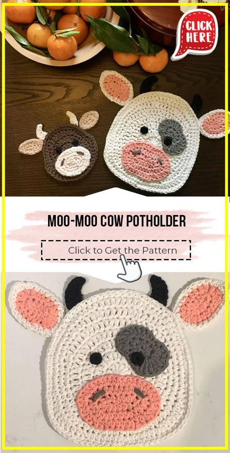 crochet Moo-Moo Cow Potholder easy pattern - easy Crochet Potholder Pattern for Beginners. Click to Get the Pattern #Potholder #crochetpattern #crochet via @shareapattern.com Crochet Cow Potholder Hot Pads, Crochet Cow Kitchen, Cow Pot Holder Crochet Pattern, Cute Crochet Potholders Free Pattern, Crochet Pig Coasters Free Pattern, Crochet Cow Potholder Free Pattern, Crochet Peppa Pig Applique Free Pattern, Cute Crochet Pot Holders, Cow Pot Holders