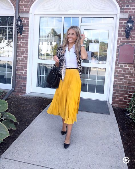 Click the photo to shop this look! ❤️ Boden skirt Boden pleated midi skirt yellow skirt Nordstrom cardigan Nordstrom leopard sweater ruffle shirt fall work wear work style chic work chick #boden #nordstrom #fallworkoutfits #treatingthestreetslikearunway Pleated Skirt Outfit Wedding, Yellow Pleated Skirt Outfit, Mustard Skirt Outfit, Yellow Skirt Outfit, Midi Rock Outfit, Yellow Skirt Outfits, A Line Skirt Outfits, Yellow Pleated Skirt, Mustard Yellow Skirts